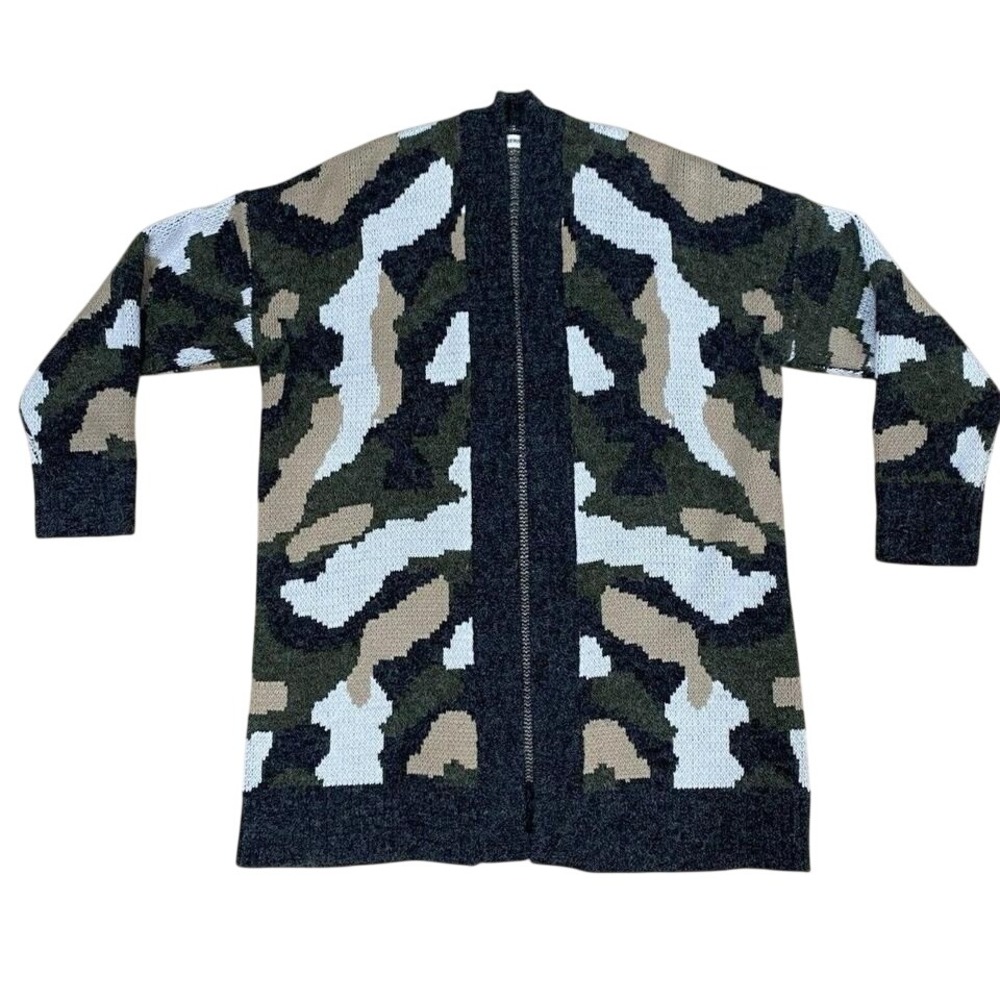 ANDTHEWHY Boho Camo Knit Layer Cardigan Sweater S/M Cozy Chunky
